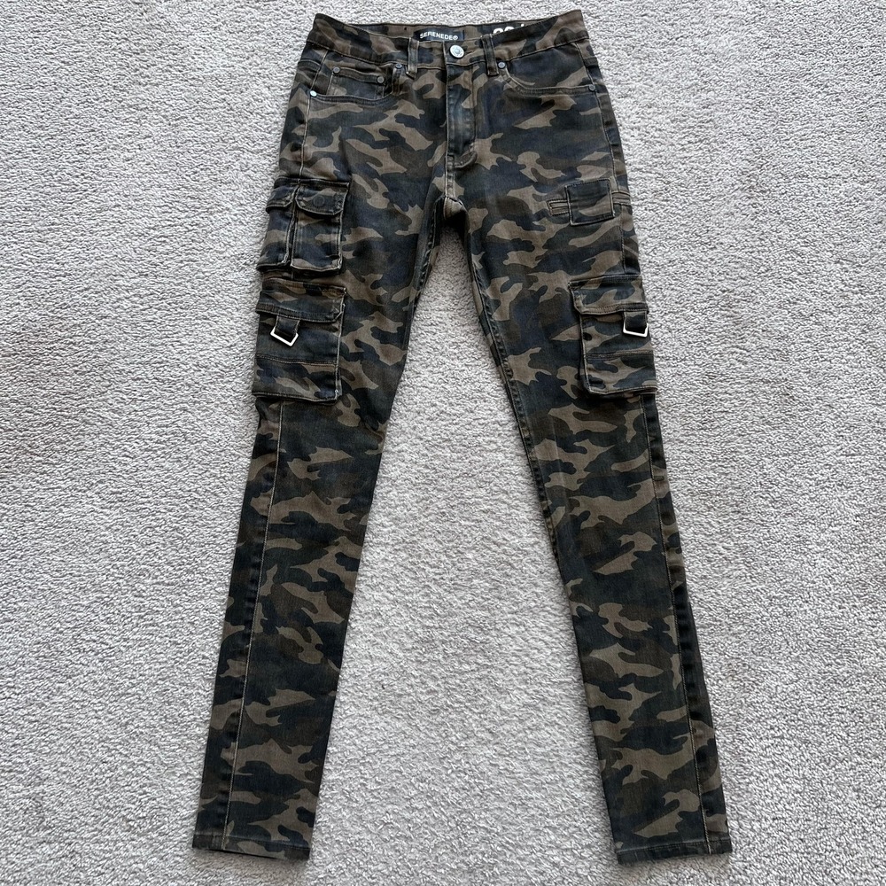 Serenede Fitted Cargo Skinny Jeans Mens 30x32 Green Camo Stretch Denim Utility